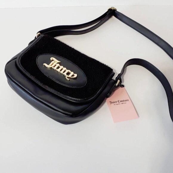 NWT Juicy Couture black faux leather & faux shearling satchel bag - Picture 2 of 6